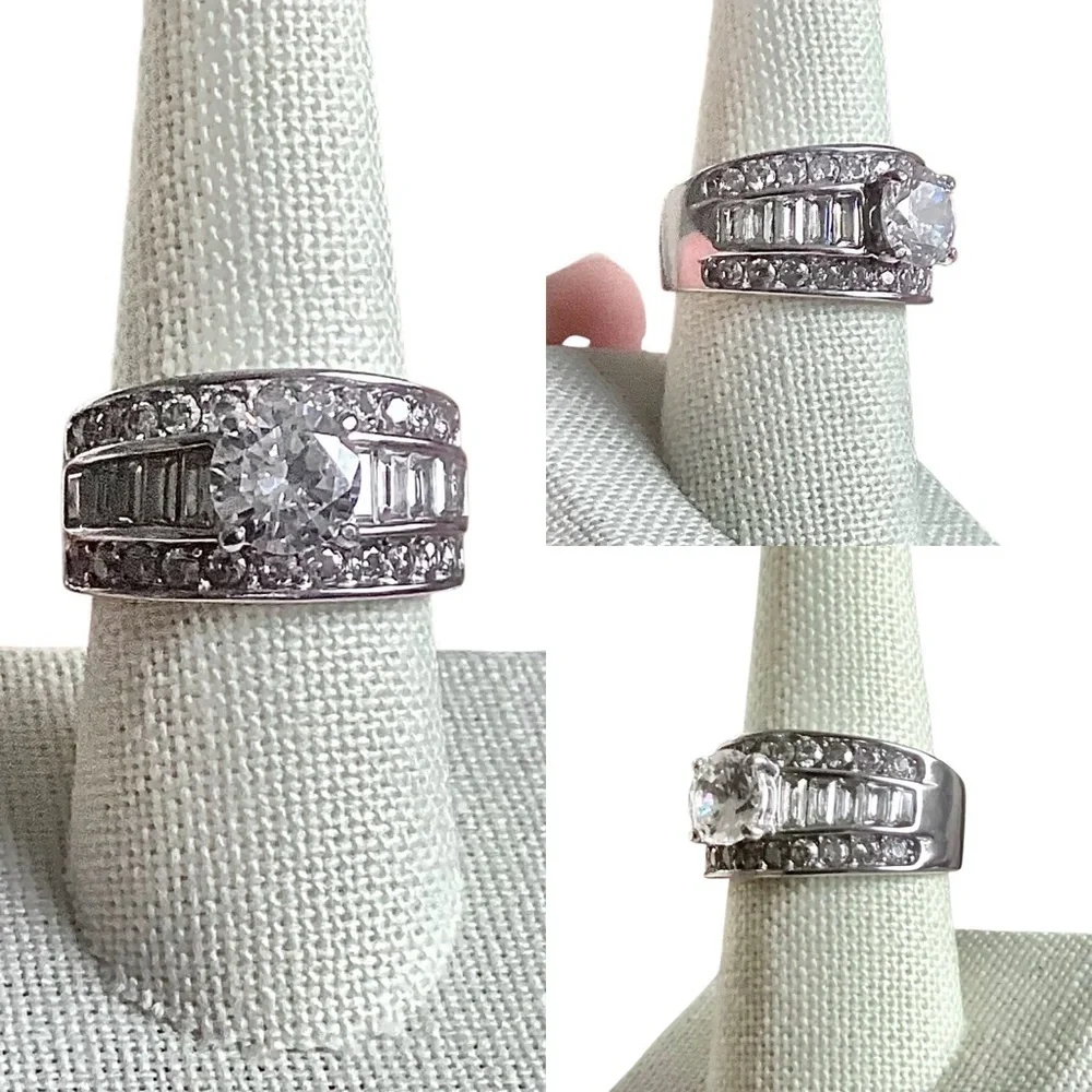 4.85 Carat Round Cut Zirconia Stainless Steel Wide Band Silvertone Ring Size 8.5